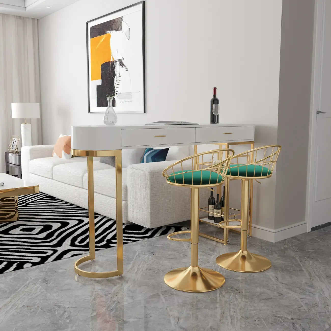 Tables de bar de rangement Glam White Free Form en fer doré