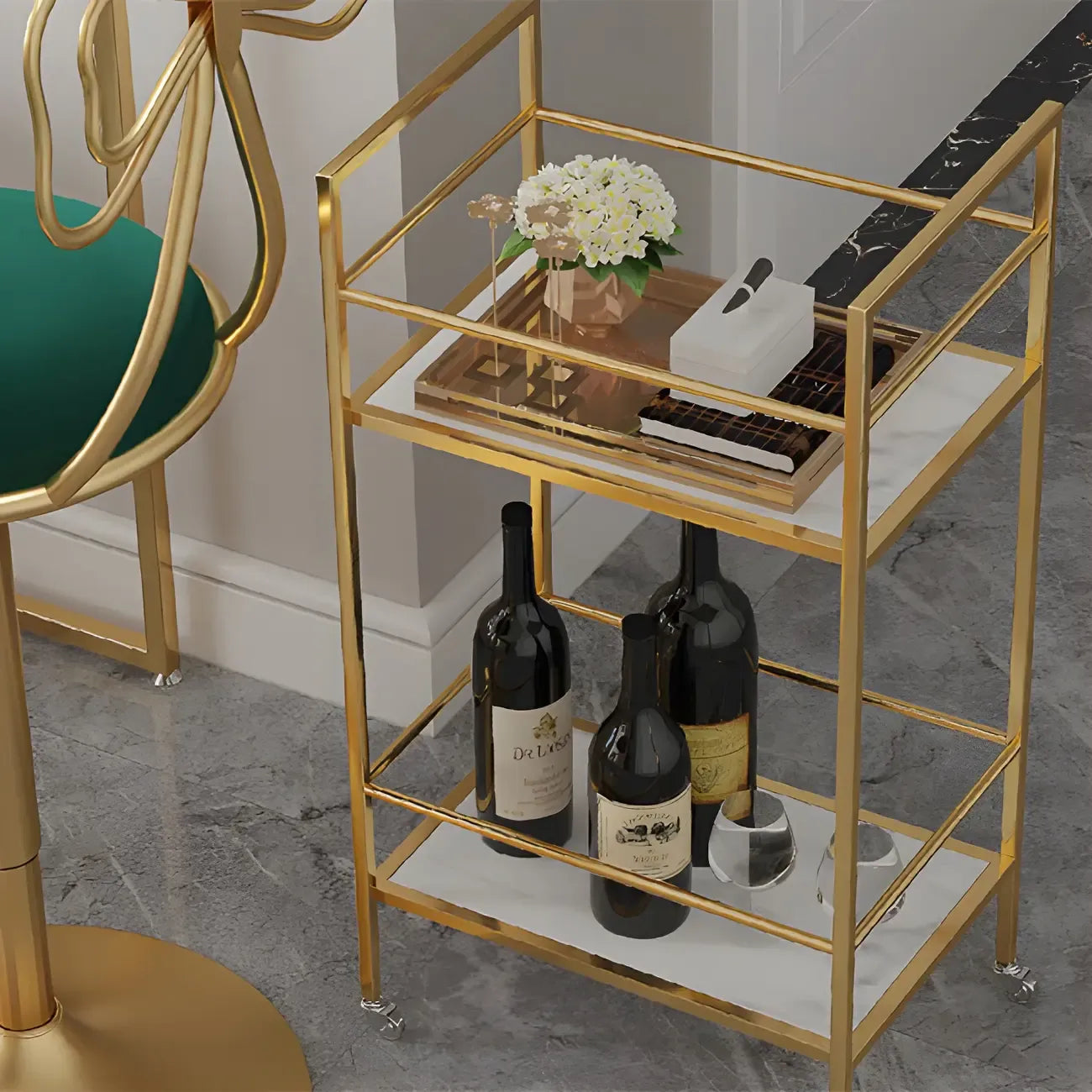 Tables de bar de rangement Glam White Free Form en fer doré