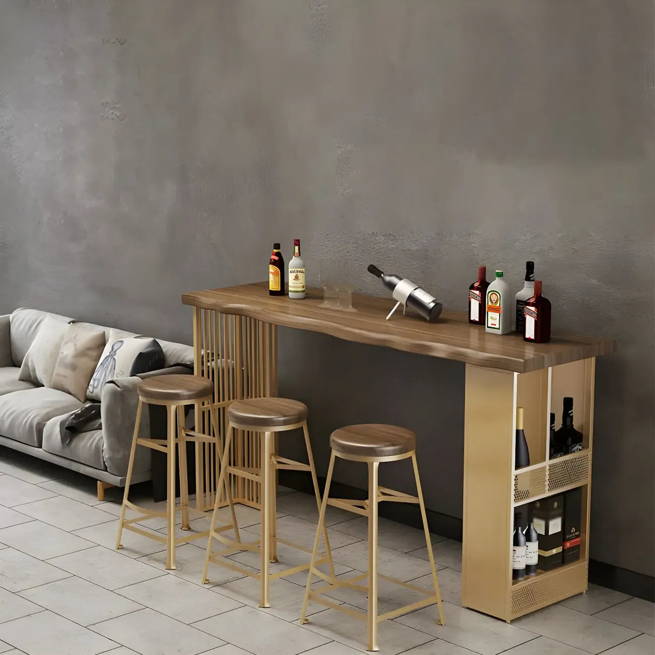 Tables de bar modernes en bois et fer brun doré