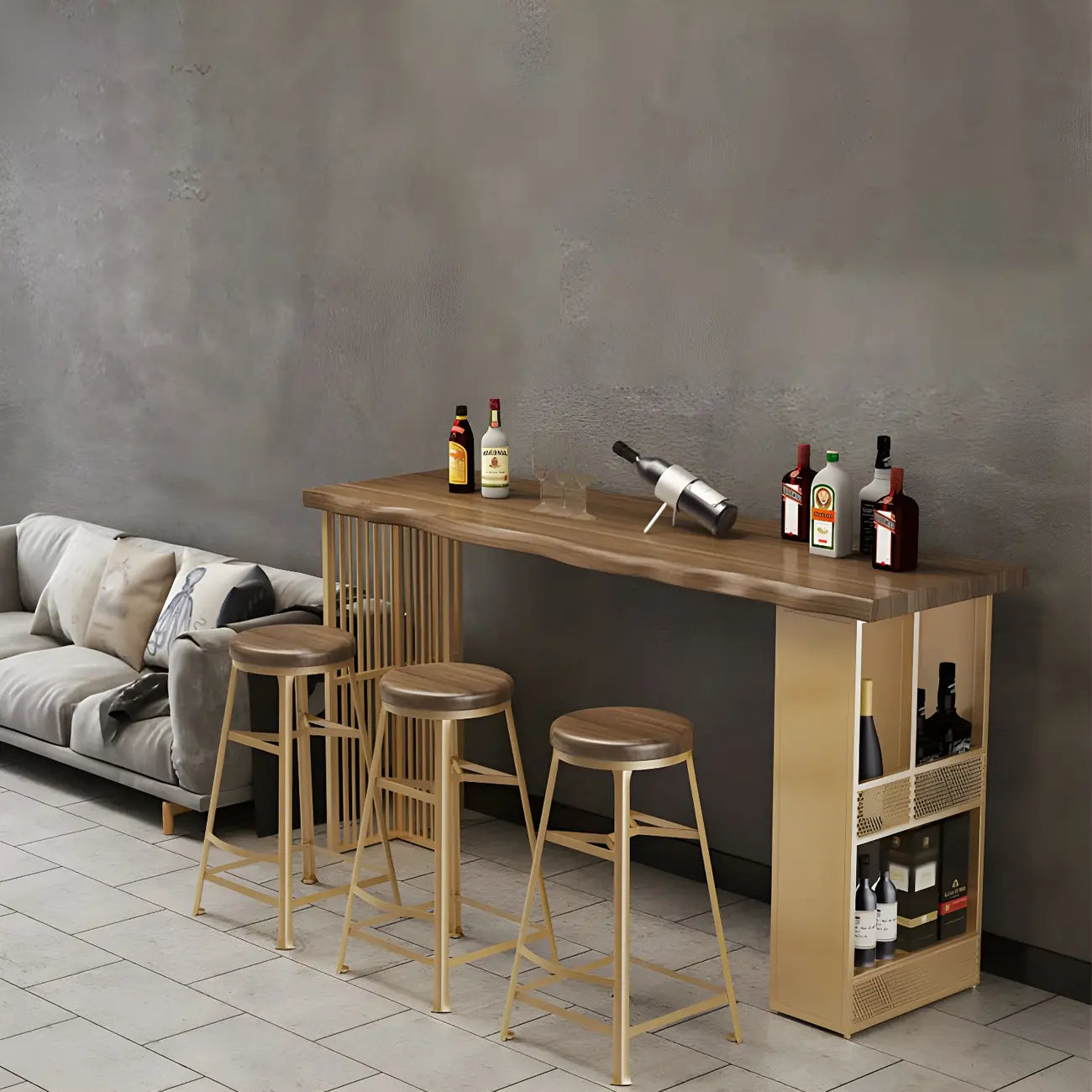 Tables de bar modernes en bois et fer brun doré
