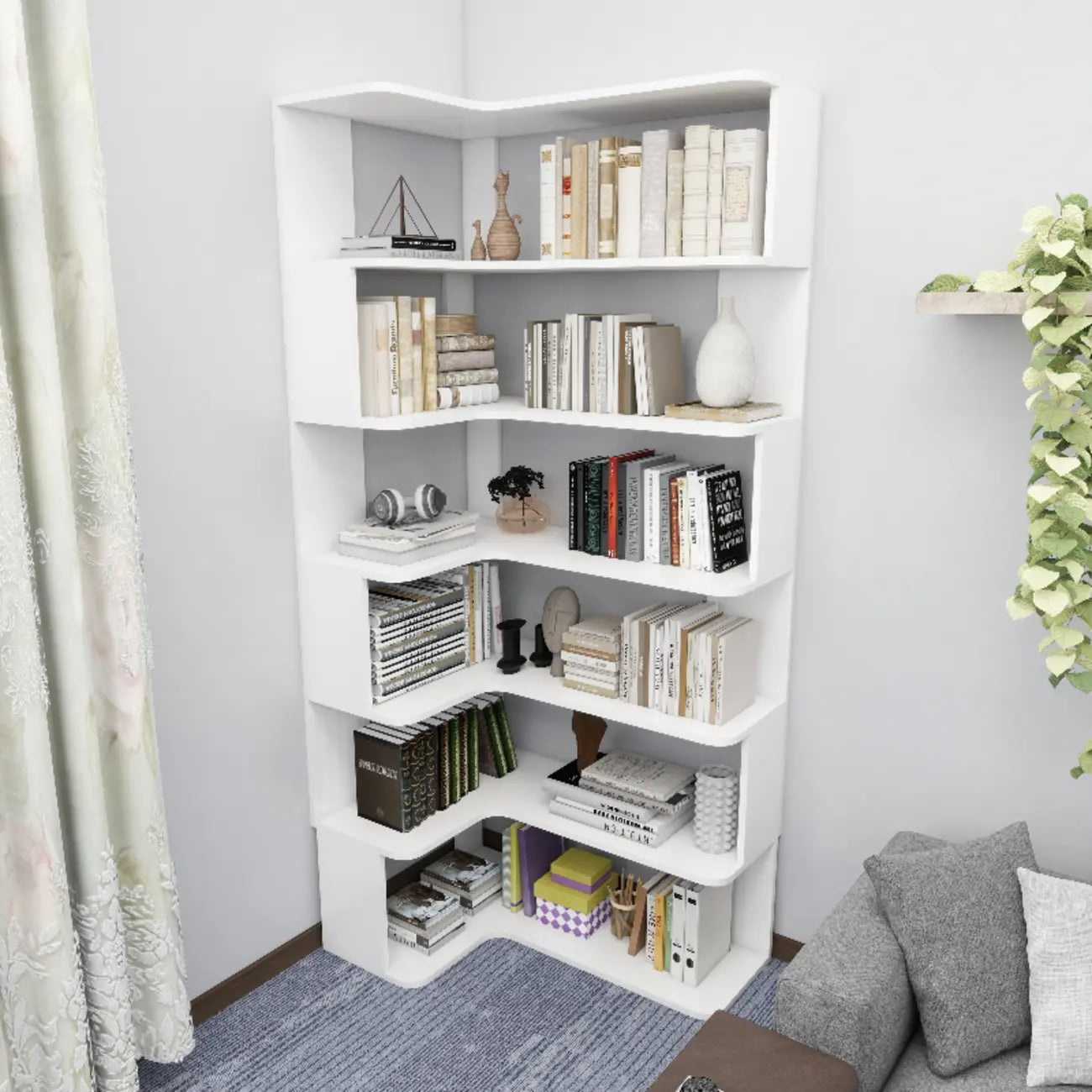 Bibliothèque d'angle en bois composite à 6 étagères