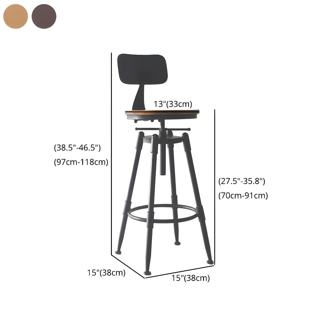 Tabourets de bar pivotants en métal et cuir de style industriel avec dossier