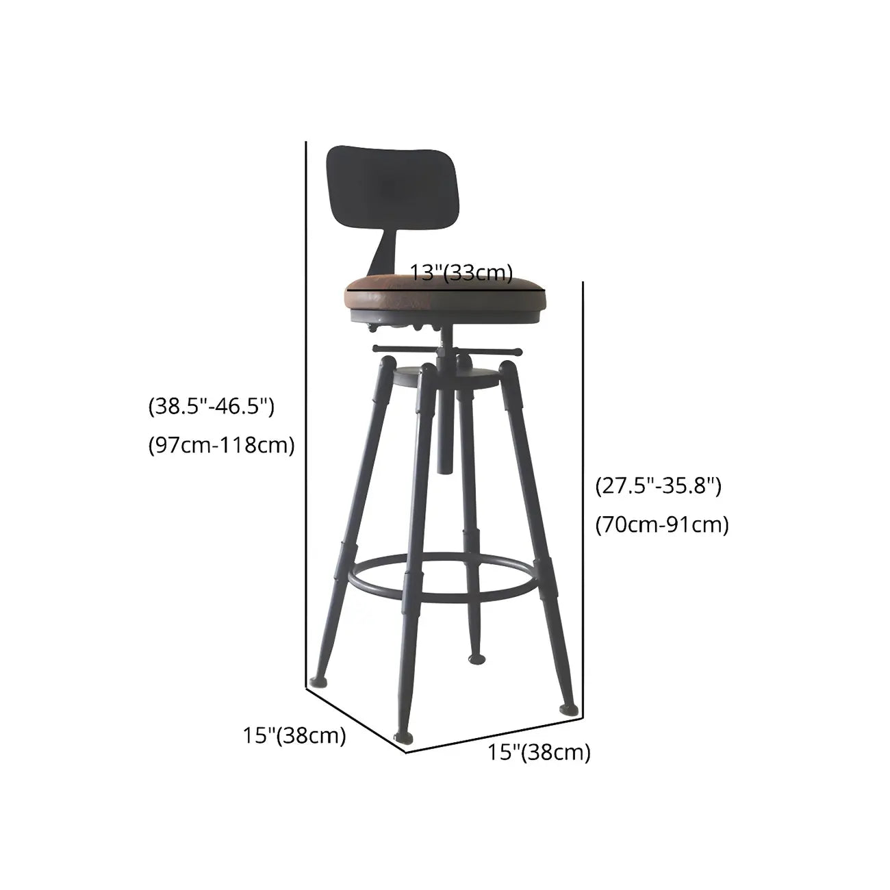 Tabourets de bar pivotants en métal et cuir de style industriel avec dossier