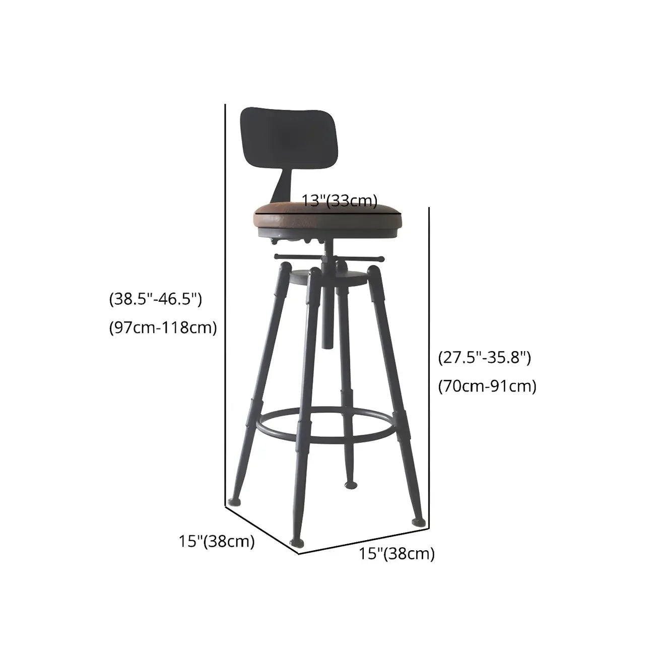 Tabourets de bar pivotants en métal et cuir de style industriel avec dossier