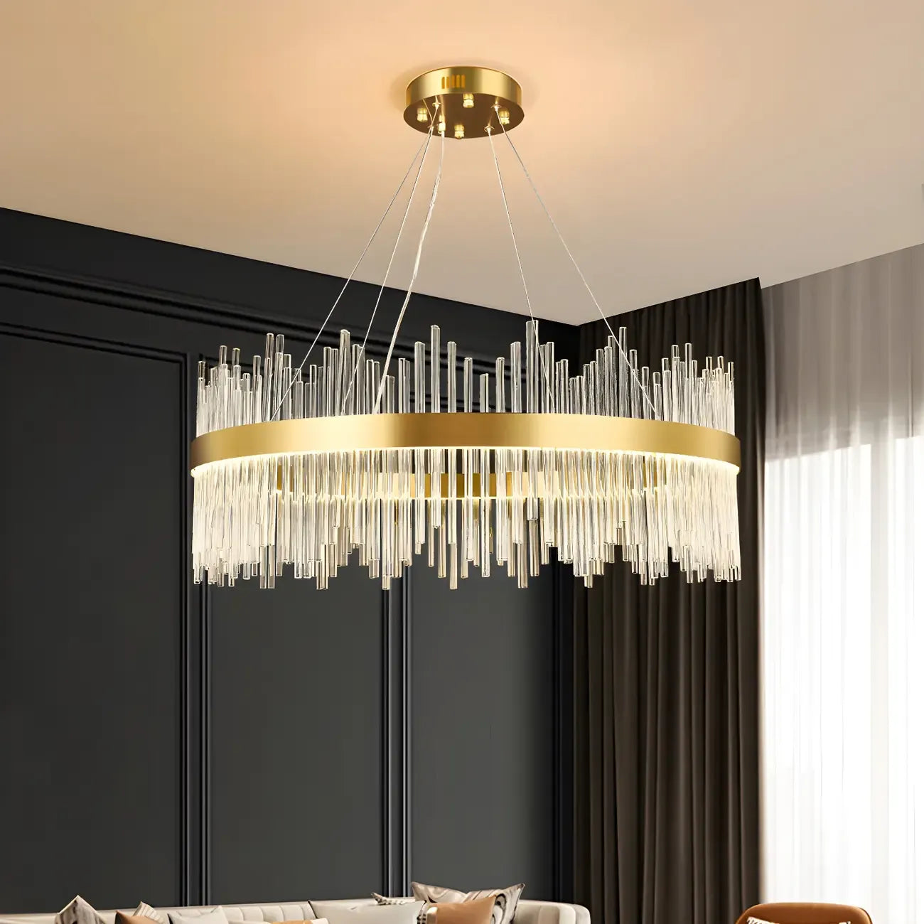 Lustre moderne en cristal à intensité variable, rond, avec éclairage LED doré