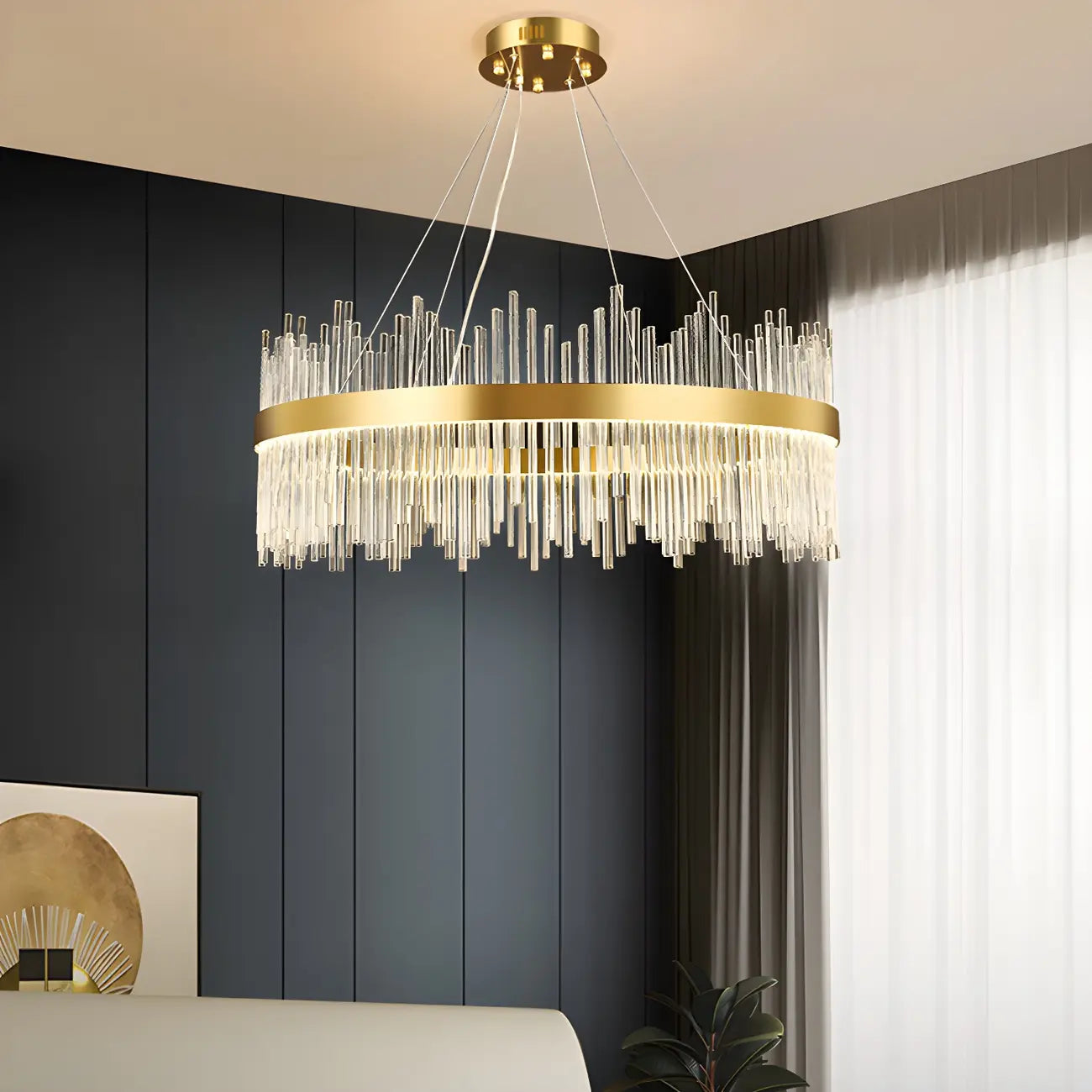 Lustre moderne en cristal à intensité variable, rond, avec éclairage LED doré