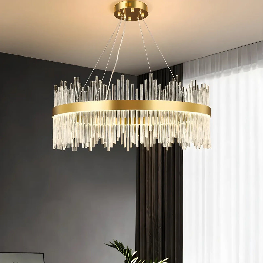 Lustre moderne en cristal à intensité variable, rond, avec éclairage LED doré
