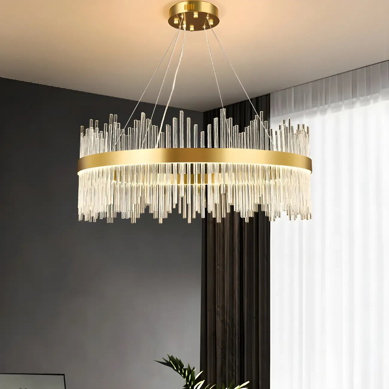 Lustre moderne en cristal à intensité variable, rond, avec éclairage LED doré