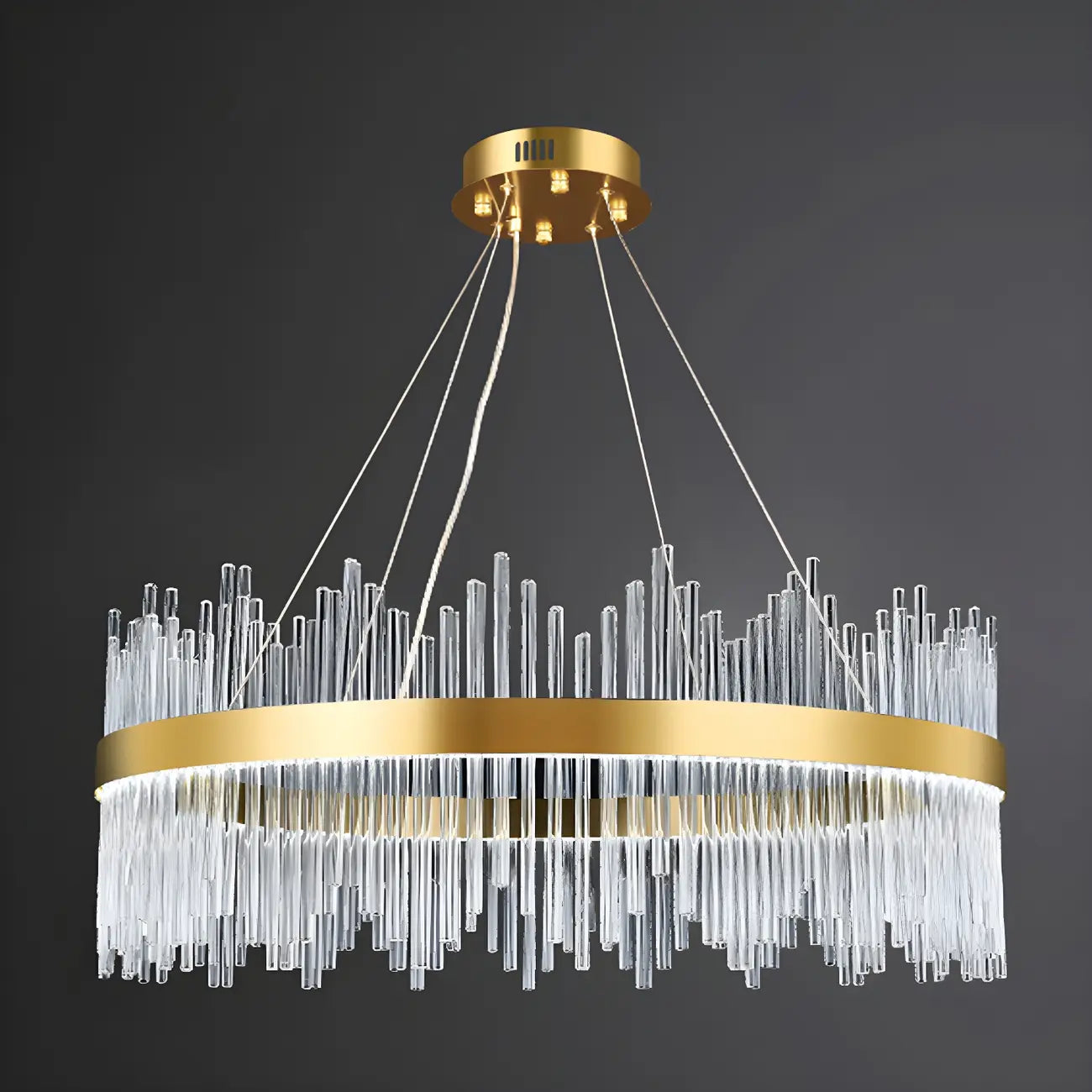 Lustre moderne en cristal à intensité variable, rond, avec éclairage LED doré
