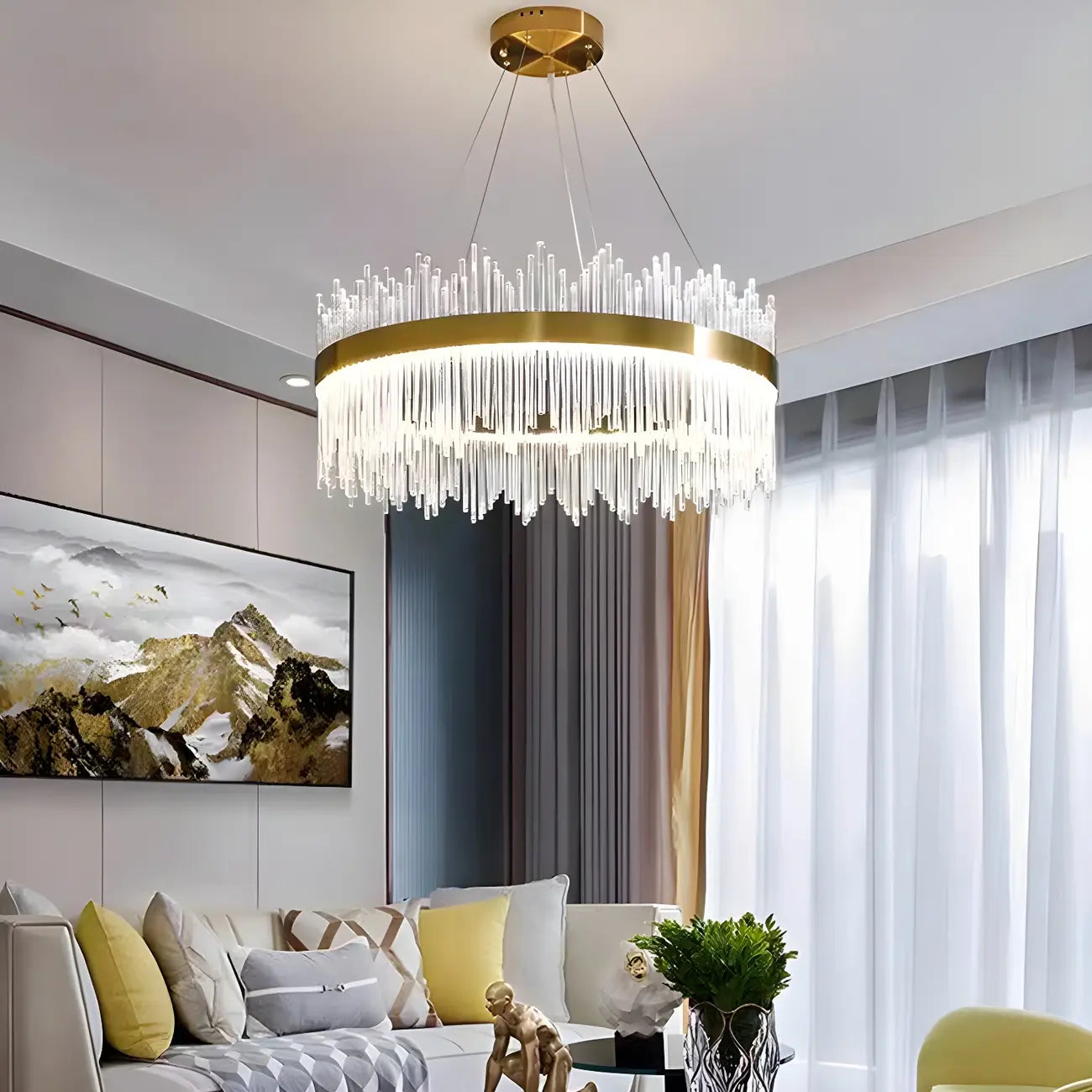 Lustre moderne en cristal à intensité variable, rond, avec éclairage LED doré