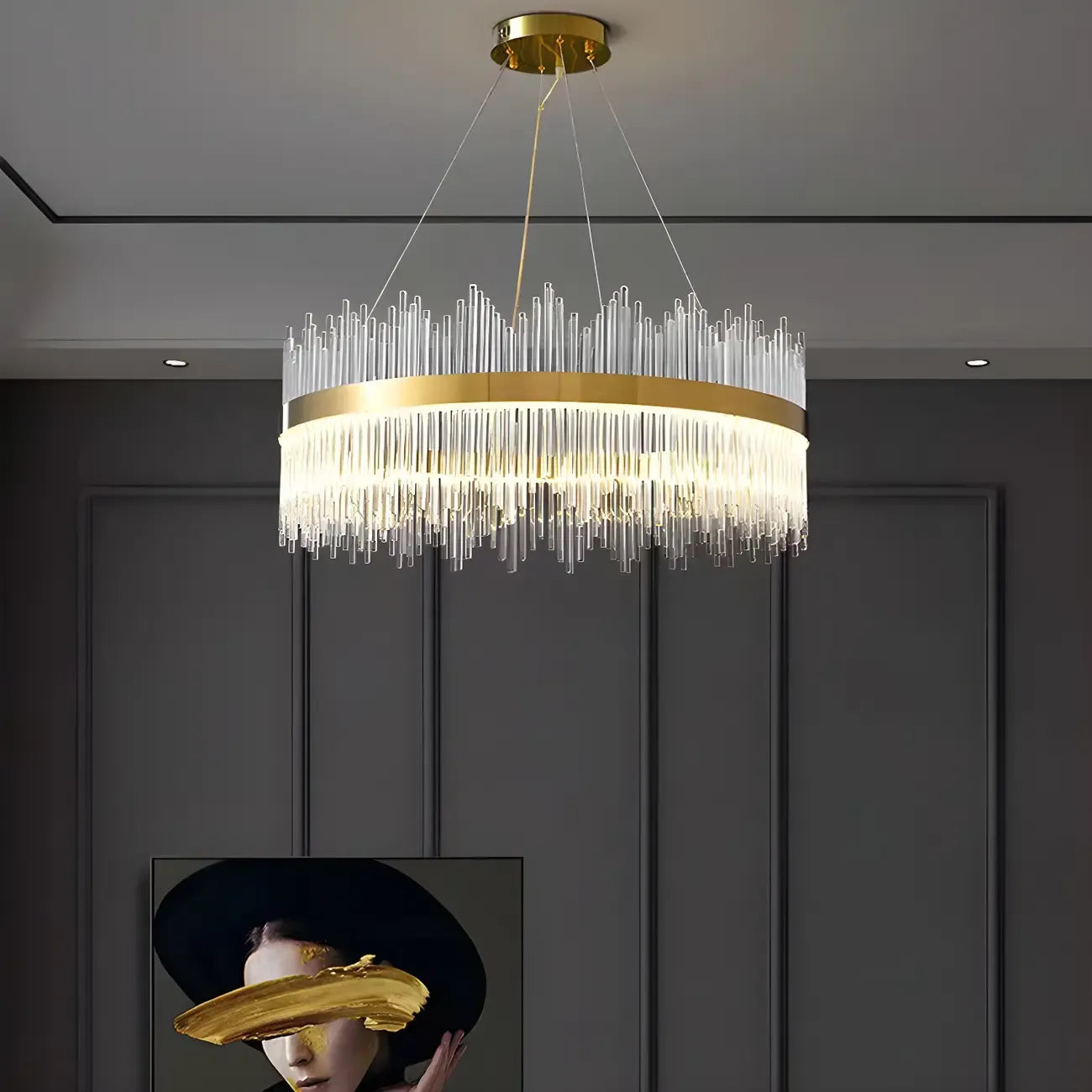 Lustre moderne en cristal à intensité variable, rond, avec éclairage LED doré