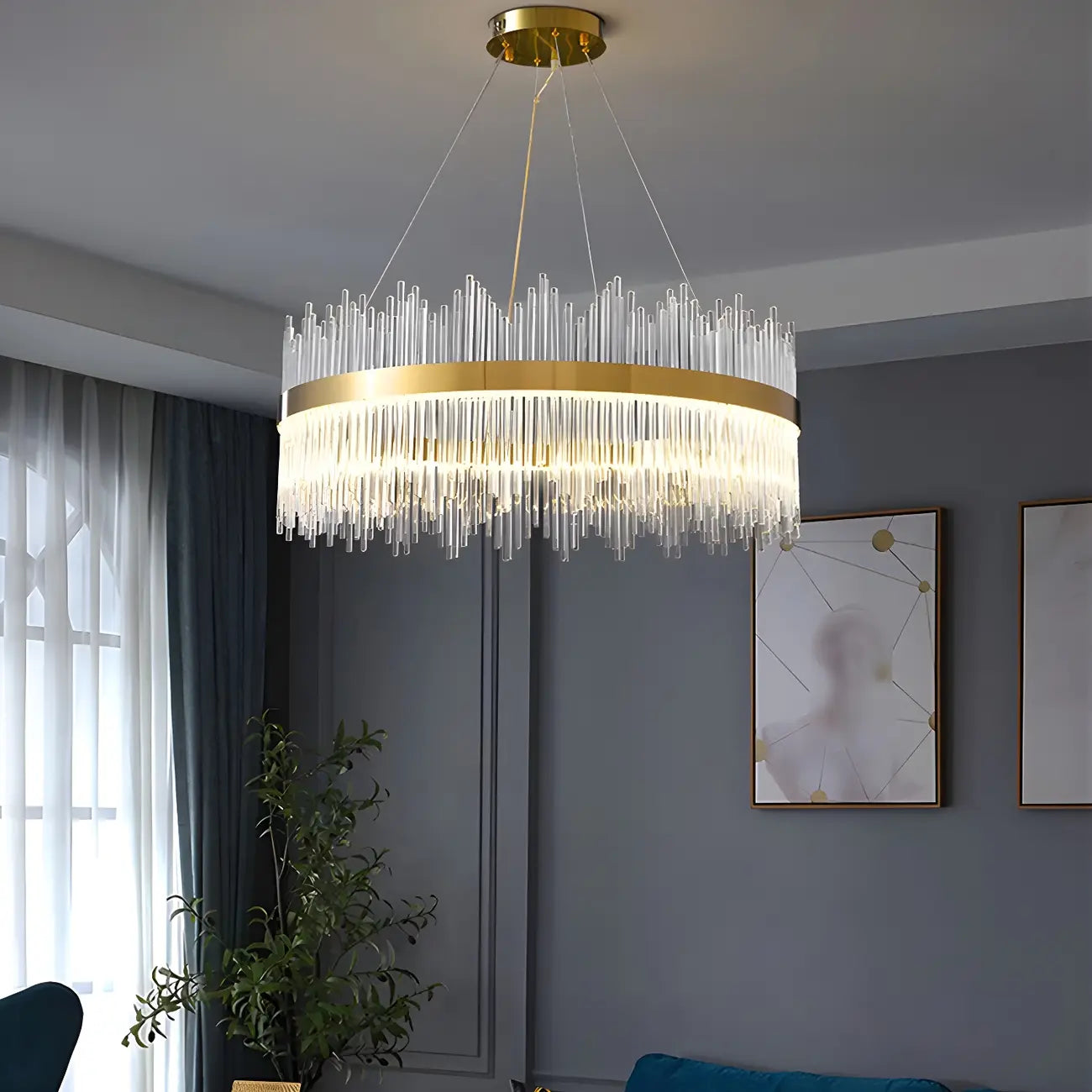 Lustre moderne en cristal à intensité variable, rond, avec éclairage LED doré