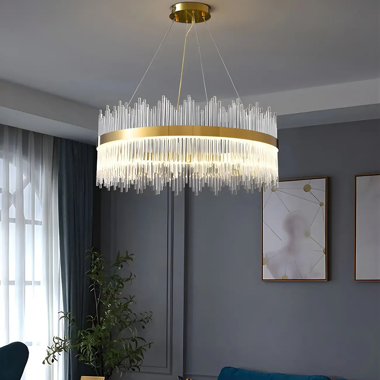Lustre moderne en cristal à intensité variable, rond, avec éclairage LED doré