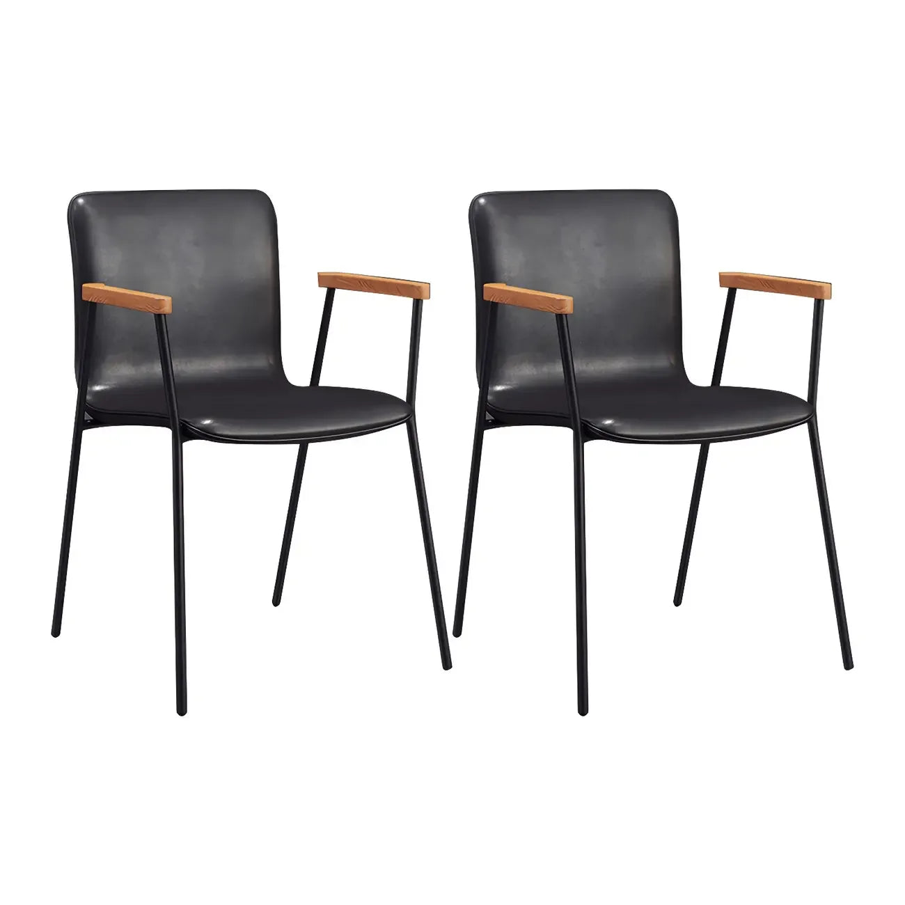 Chaise de salle à manger en cuir avec pieds en métal, accoudoirs et dossier.