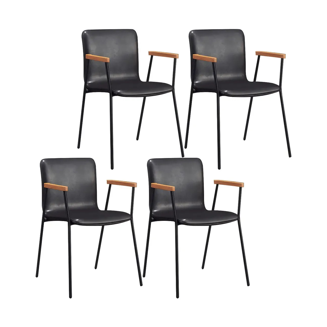 Chaise de salle à manger en cuir avec pieds en métal, accoudoirs et dossier.