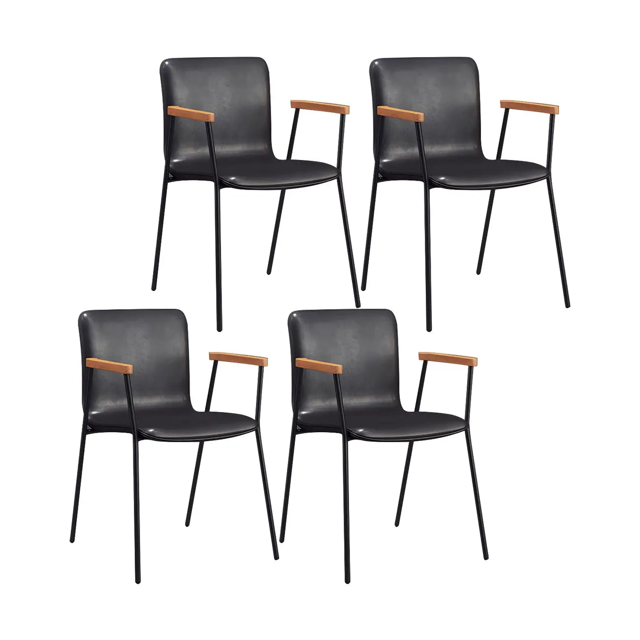 Chaise de salle à manger en cuir avec pieds en métal, accoudoirs et dossier.