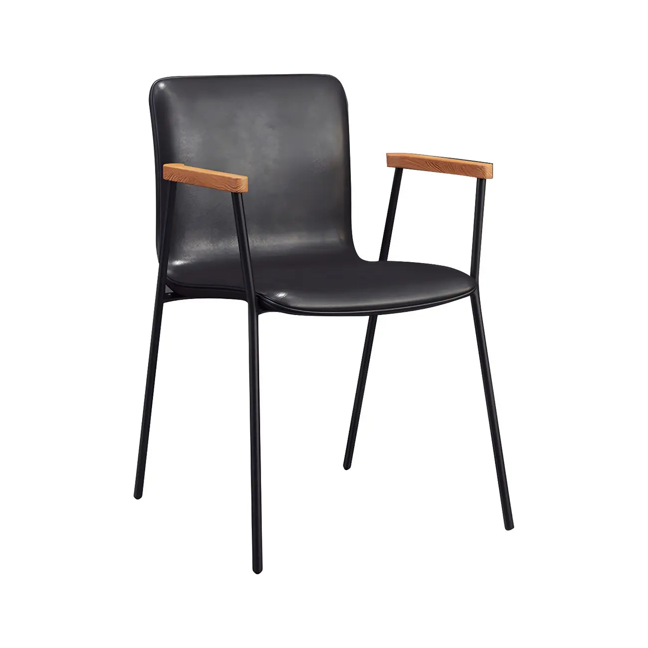 Chaise de salle à manger en cuir avec pieds en métal, accoudoirs et dossier.