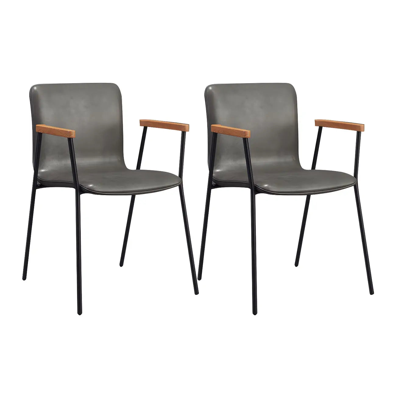 Chaise de salle à manger en cuir avec pieds en métal, accoudoirs et dossier.
