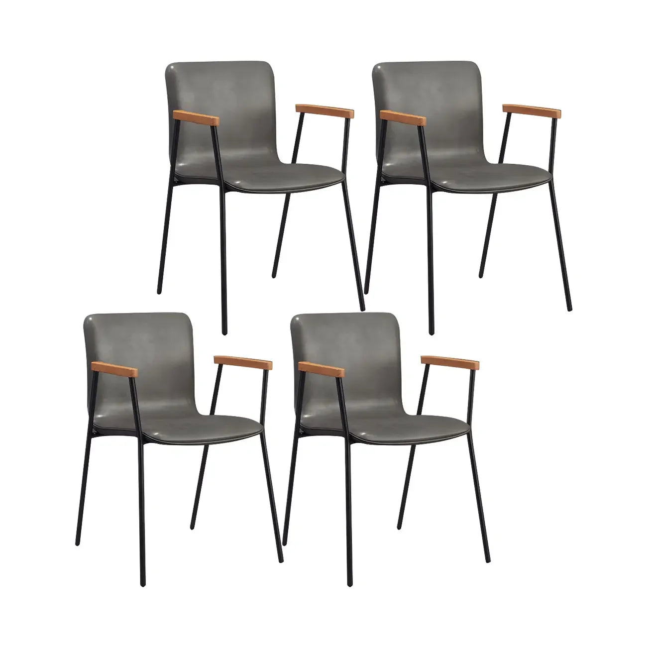 Chaise de salle à manger en cuir avec pieds en métal, accoudoirs et dossier.