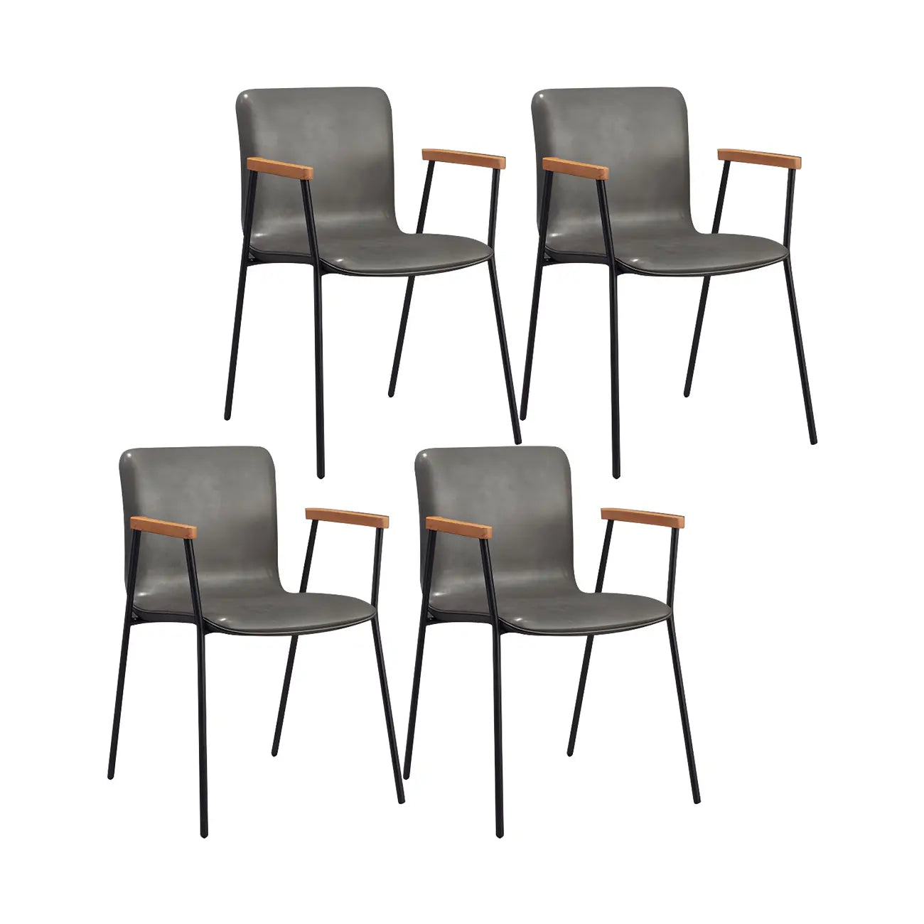 Chaise de salle à manger en cuir avec pieds en métal, accoudoirs et dossier.