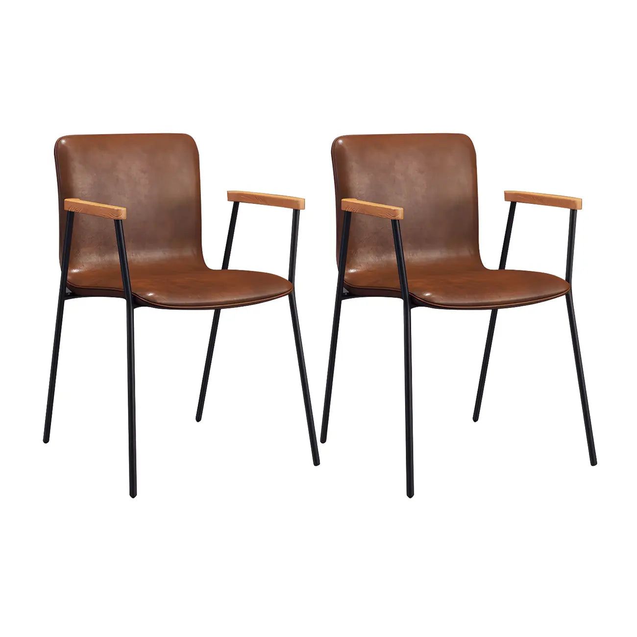 Chaise de salle à manger en cuir avec pieds en métal, accoudoirs et dossier.