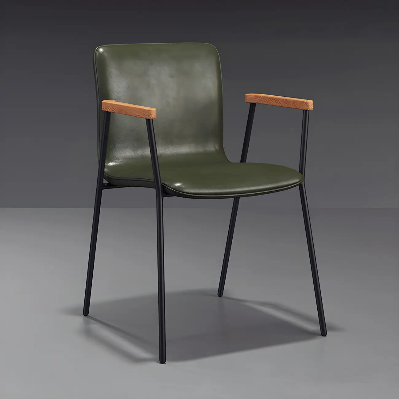 Chaise de salle à manger en cuir avec pieds en métal, accoudoirs et dossier.