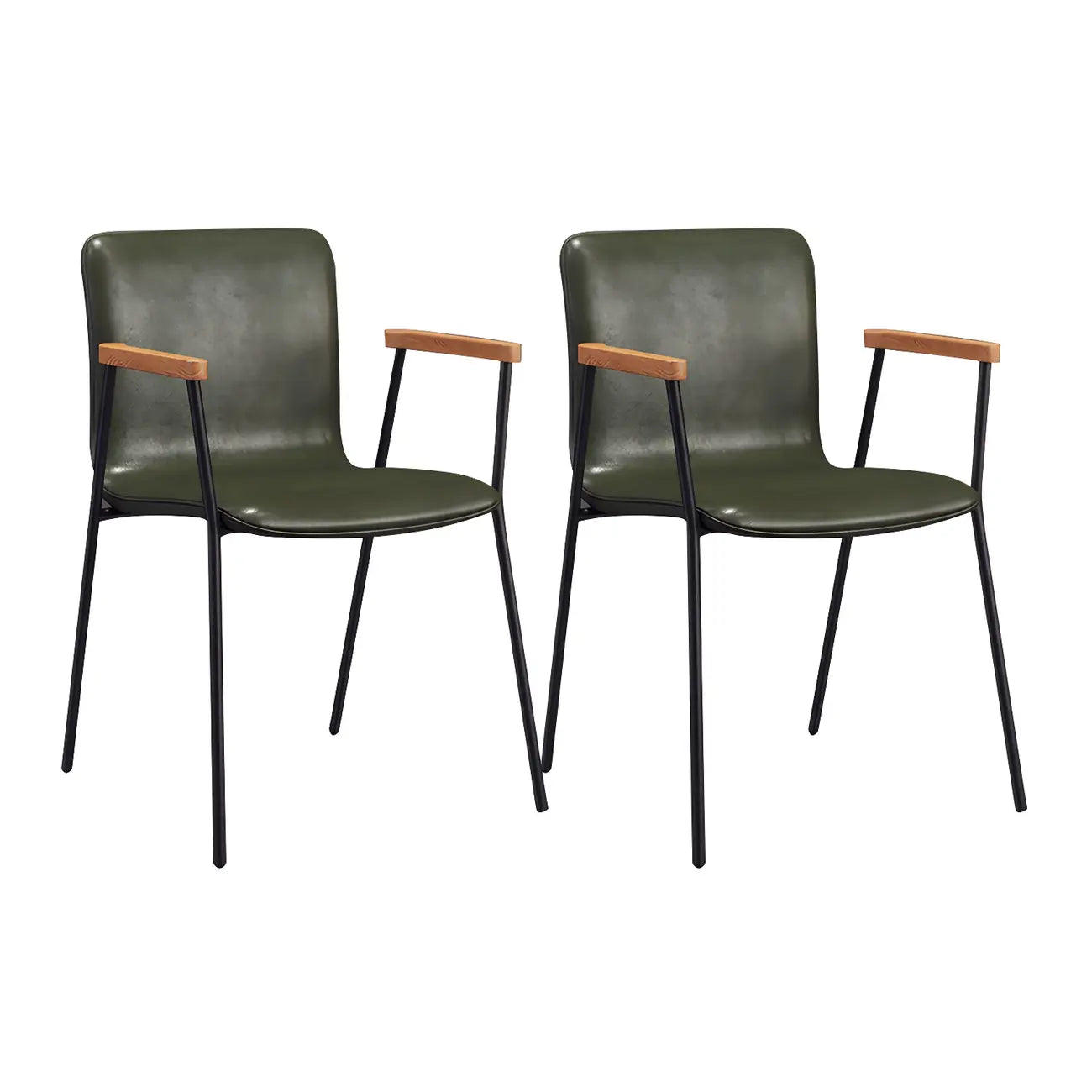 Chaise de salle à manger en cuir avec pieds en métal, accoudoirs et dossier.