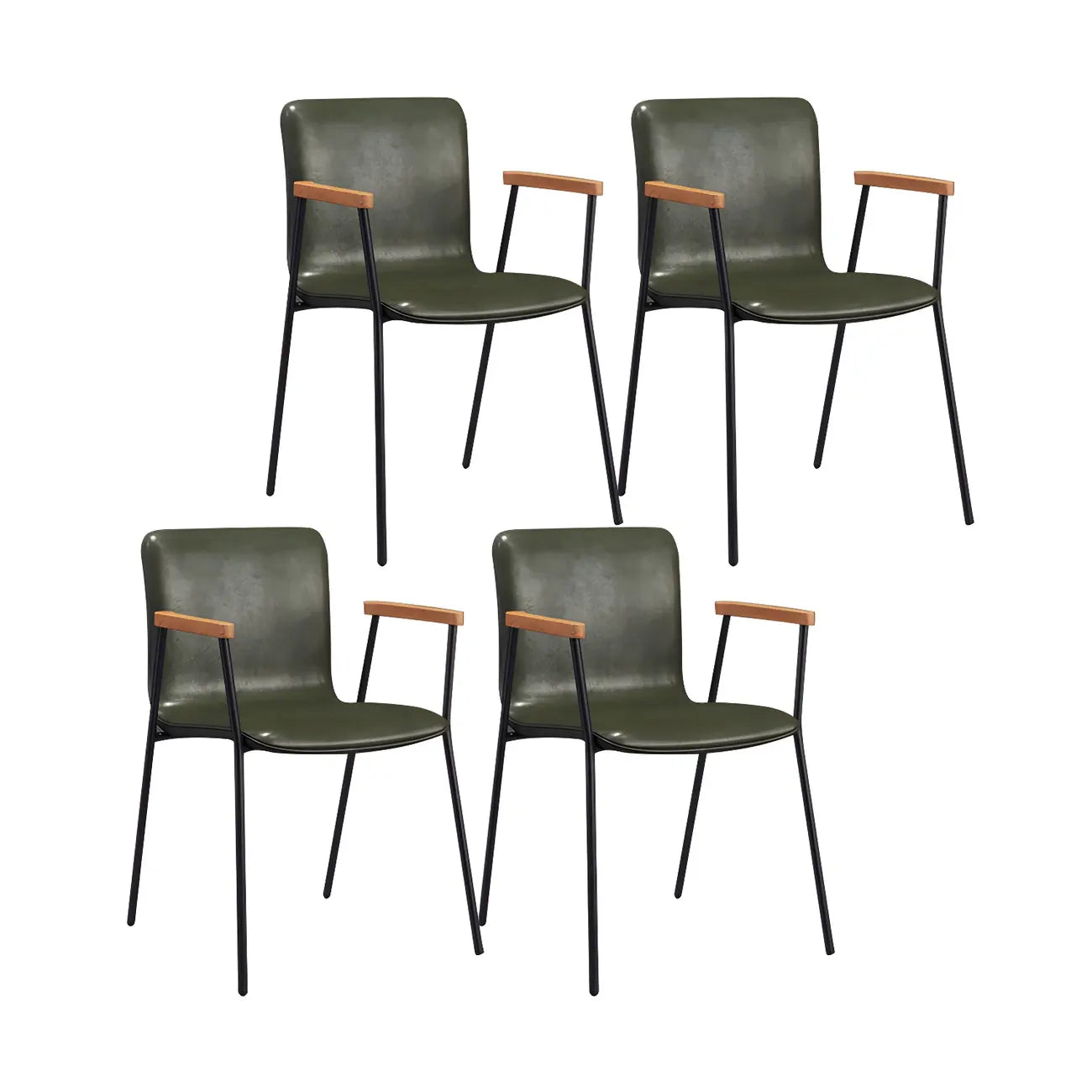 Chaise de salle à manger en cuir avec pieds en métal, accoudoirs et dossier.