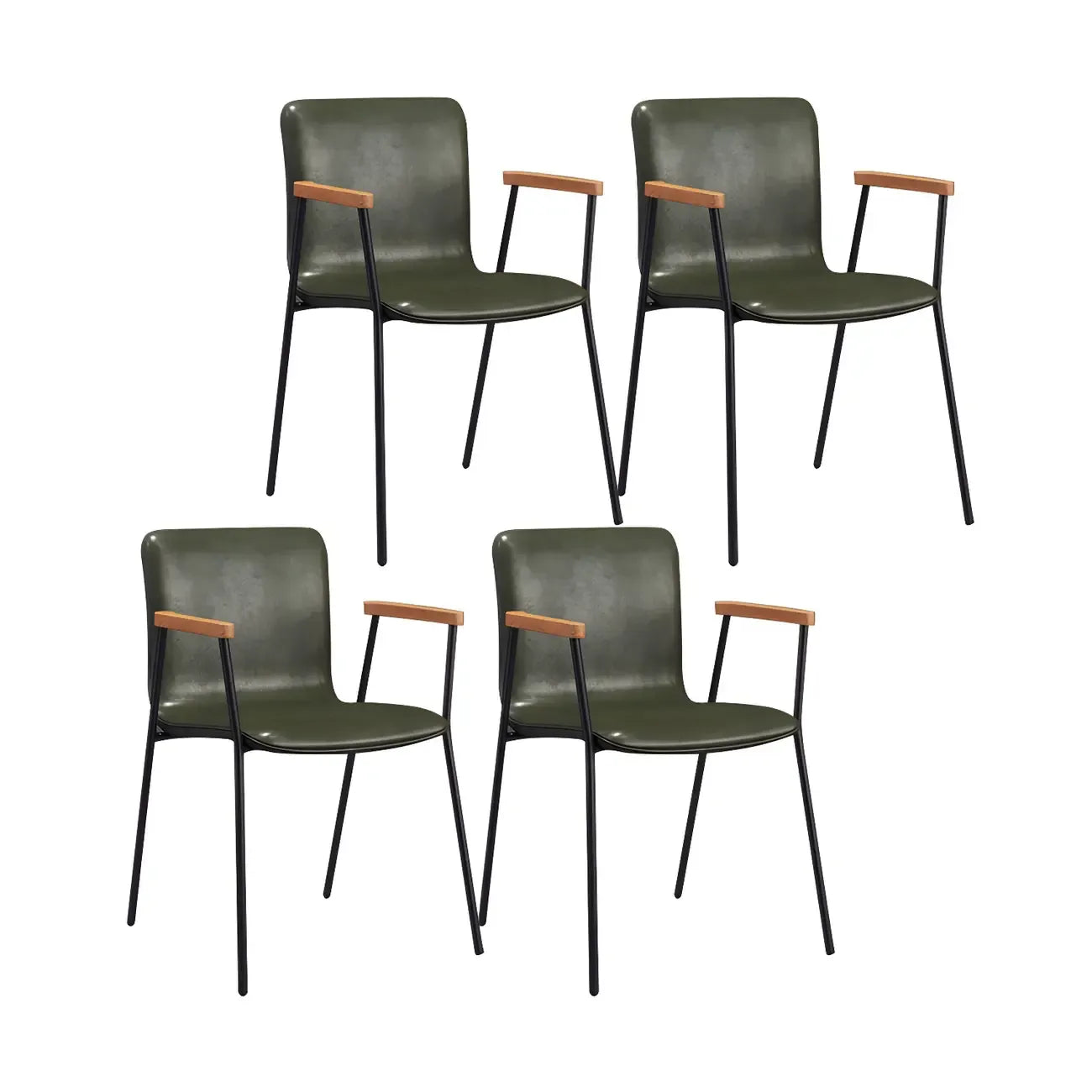 Chaise de salle à manger en cuir avec pieds en métal, accoudoirs et dossier.
