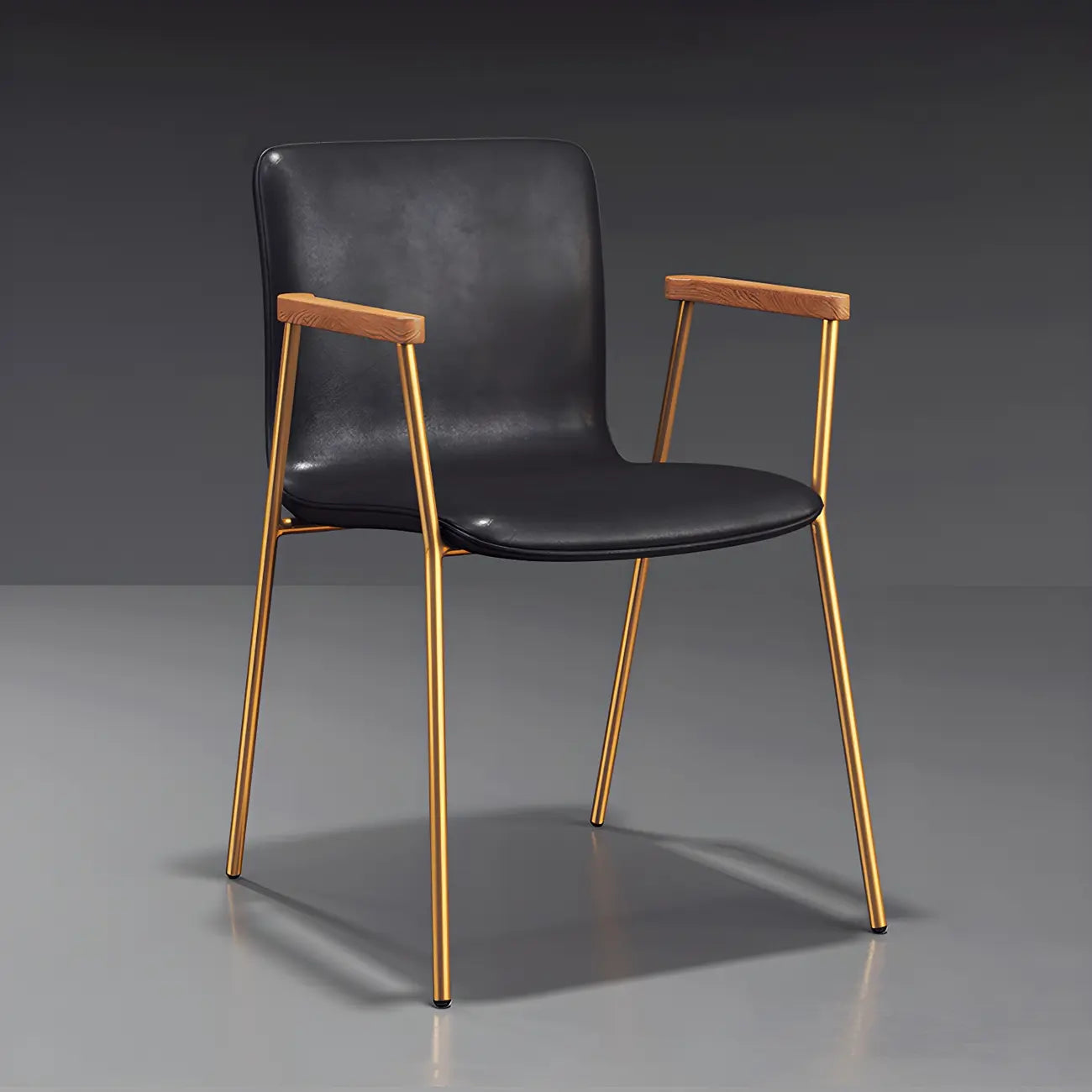 Chaise de salle à manger en cuir avec pieds en métal, accoudoirs et dossier.