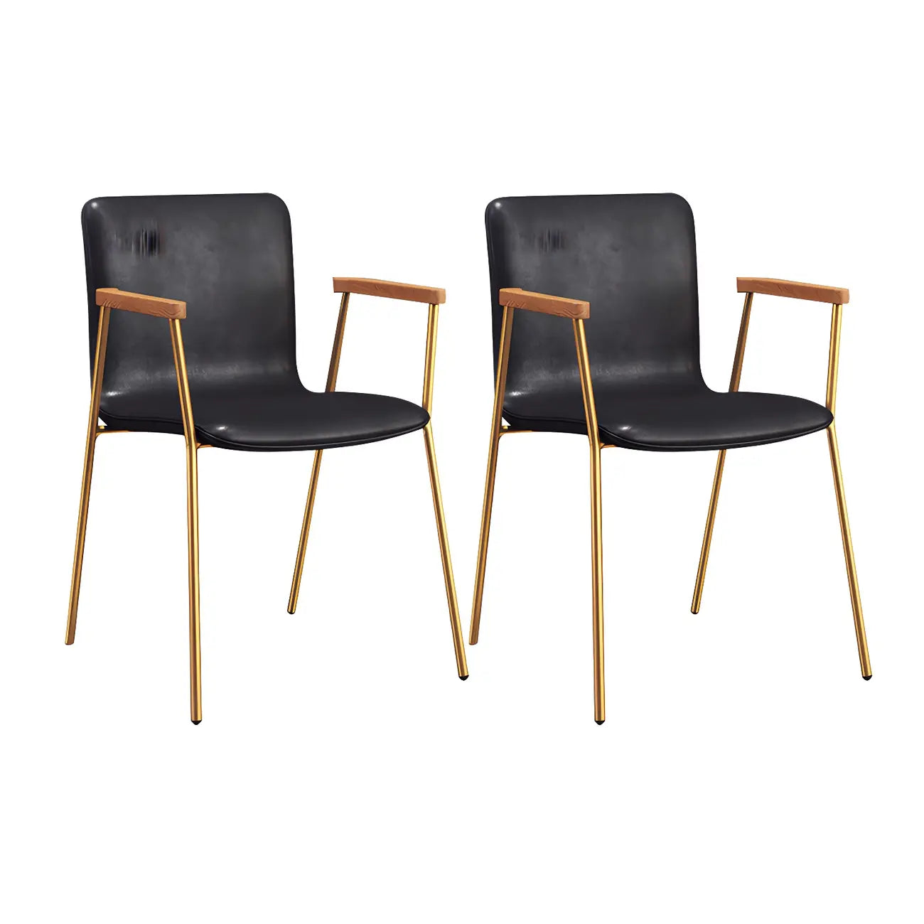 Chaise de salle à manger en cuir avec pieds en métal, accoudoirs et dossier.