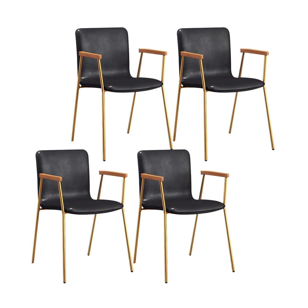 Chaise de salle à manger en cuir avec pieds en métal, accoudoirs et dossier.