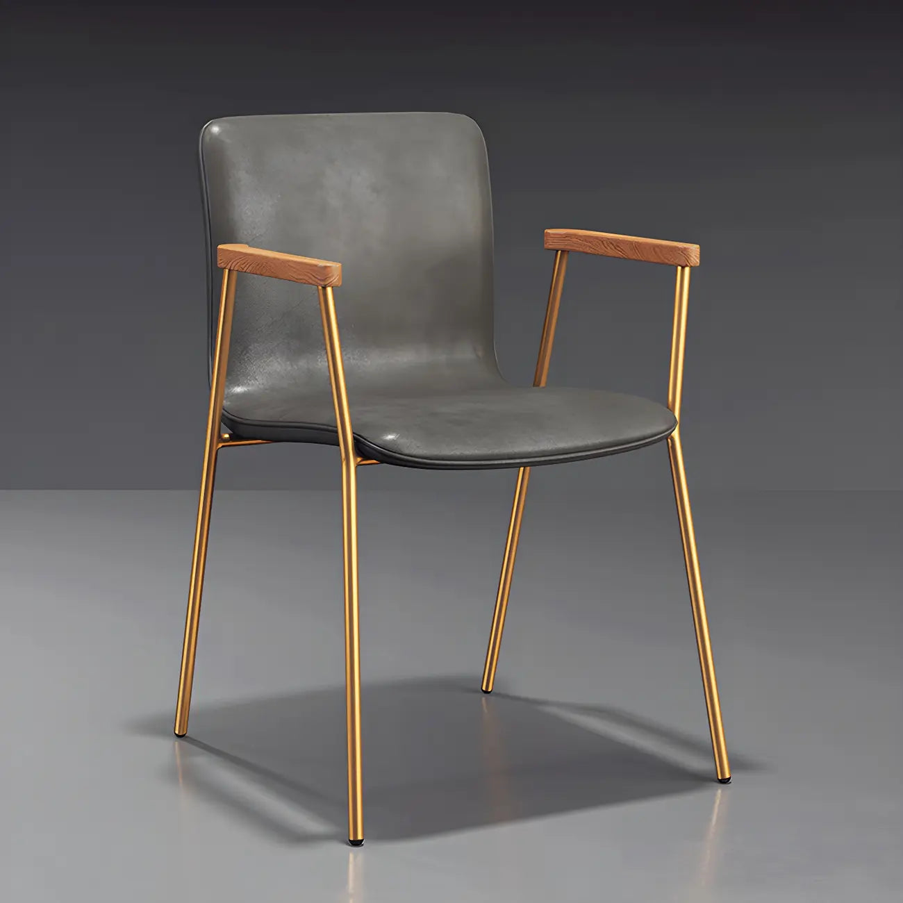 Chaise de salle à manger en cuir avec pieds en métal, accoudoirs et dossier.
