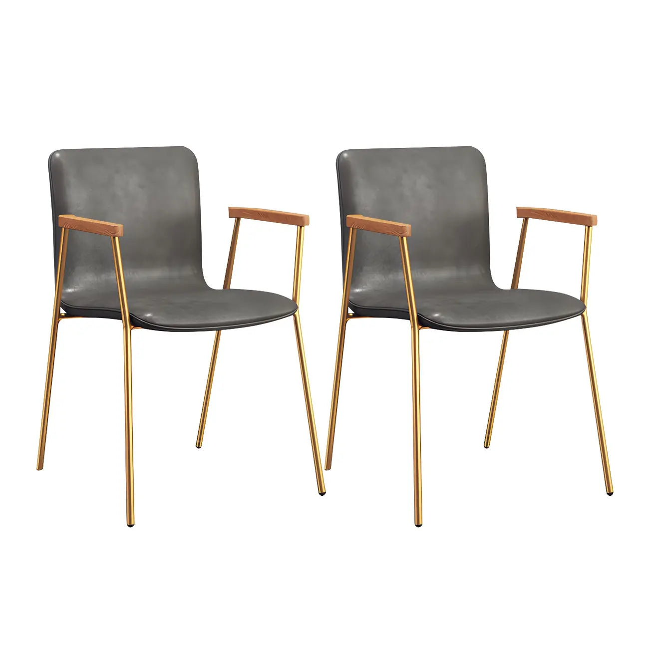 Chaise de salle à manger en cuir avec pieds en métal, accoudoirs et dossier.