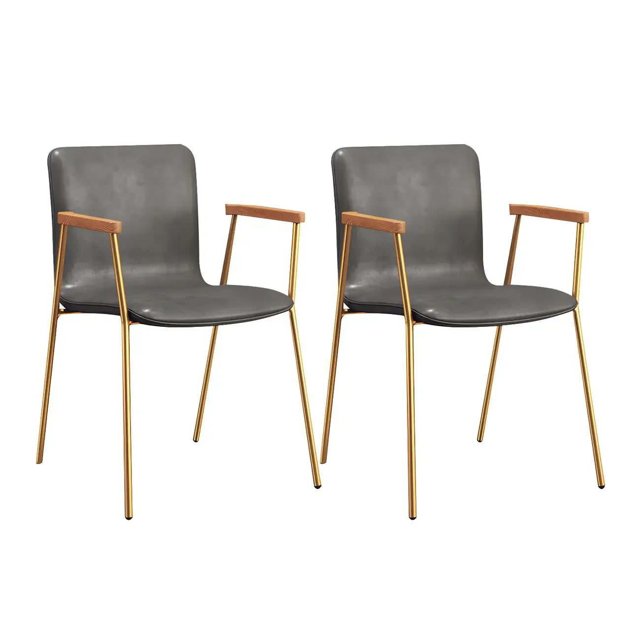Chaise de salle à manger en cuir avec pieds en métal, accoudoirs et dossier.