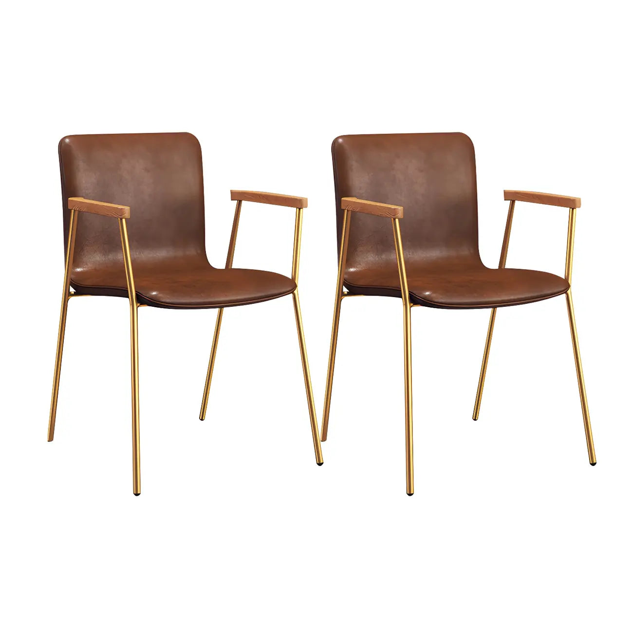 Chaise de salle à manger en cuir avec pieds en métal, accoudoirs et dossier.