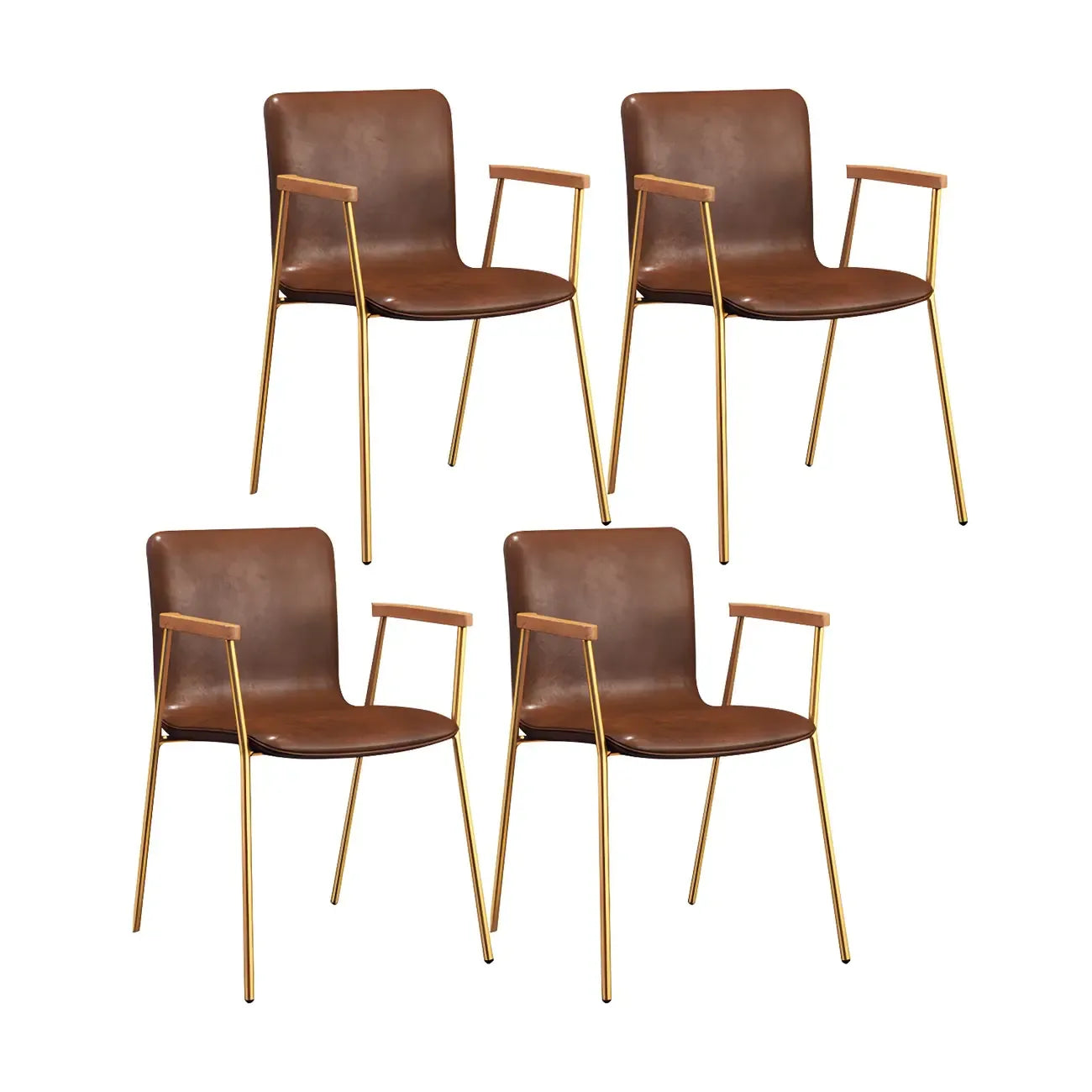 Chaise de salle à manger en cuir avec pieds en métal, accoudoirs et dossier.
