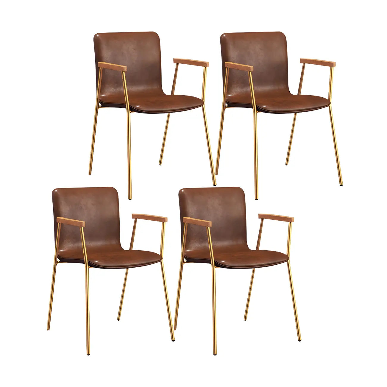Chaise de salle à manger en cuir avec pieds en métal, accoudoirs et dossier.