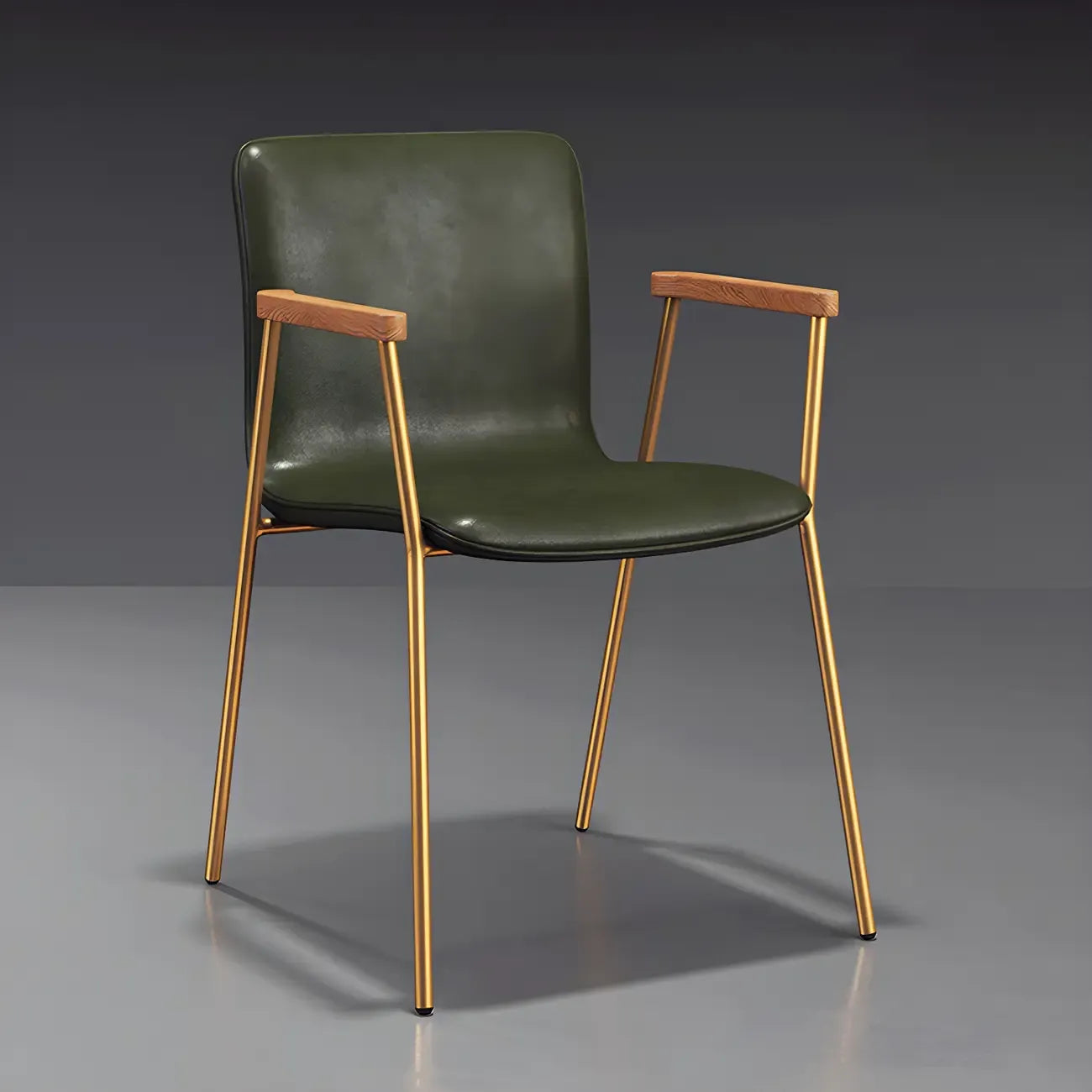 Chaise de salle à manger en cuir avec pieds en métal, accoudoirs et dossier.