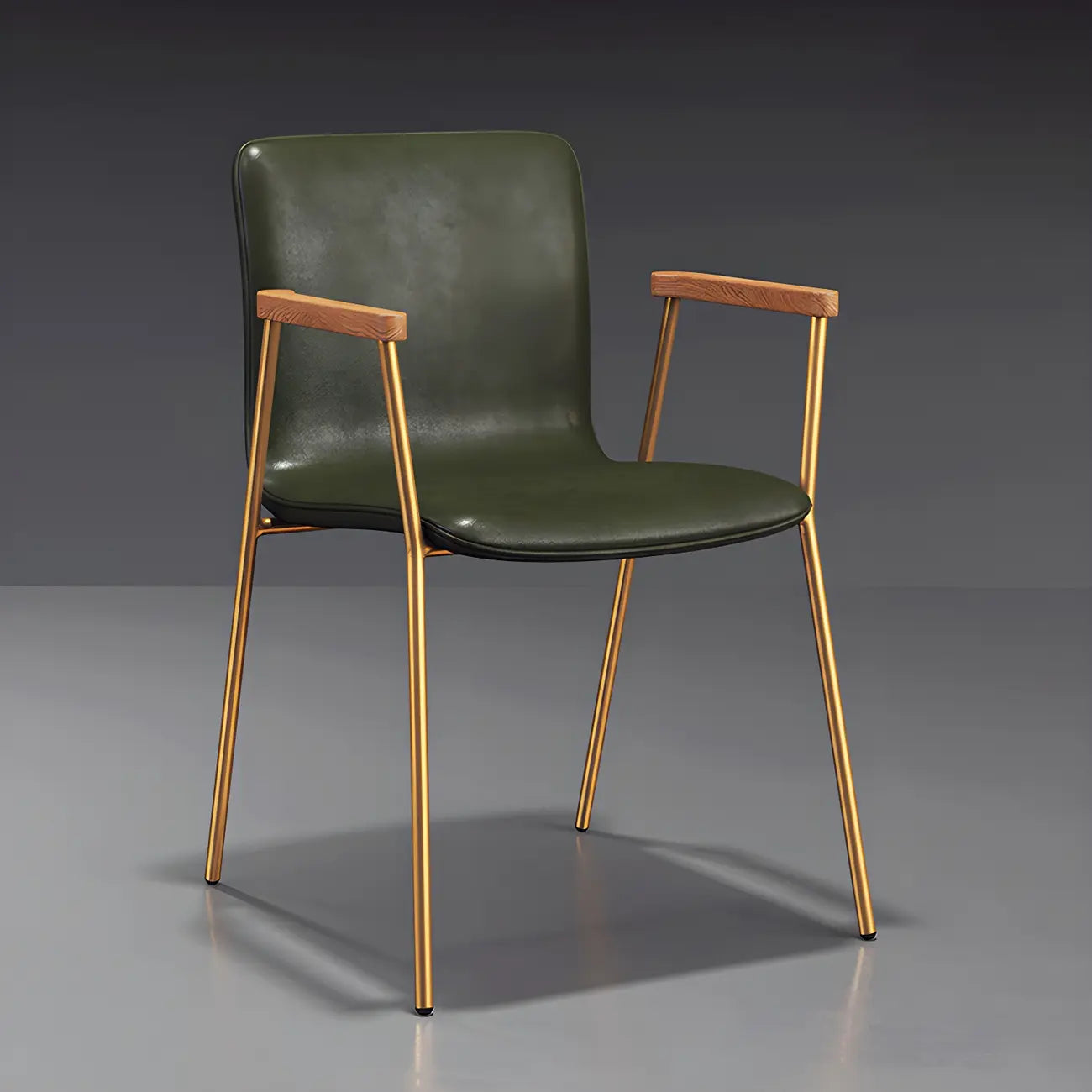 Chaise de salle à manger en cuir avec pieds en métal, accoudoirs et dossier.