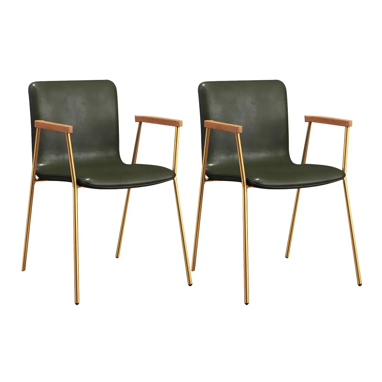 Chaise de salle à manger en cuir avec pieds en métal, accoudoirs et dossier.
