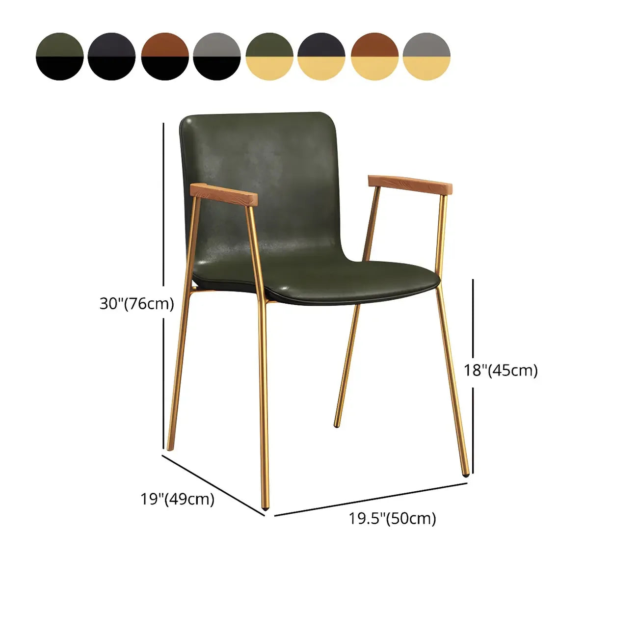 Chaise de salle à manger en cuir avec pieds en métal, accoudoirs et dossier.