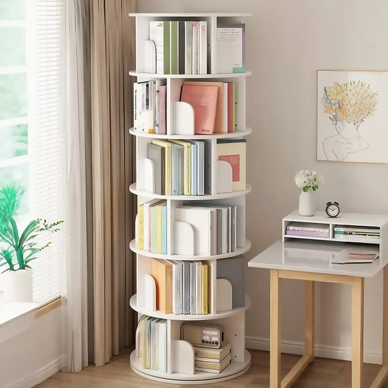 Bibliothèque cylindrique en bois marron à dos ouvert et pivotante