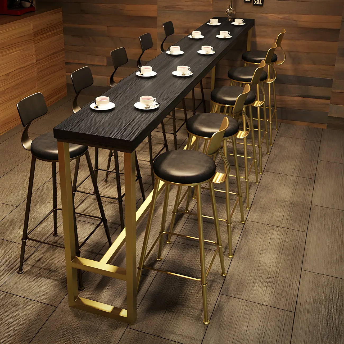 Tables de bar en bois de pin, métal noir et or, style glamour, avec repose-pieds