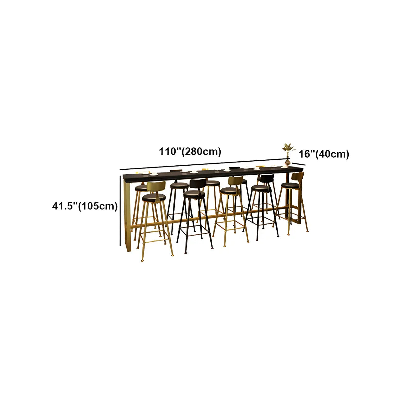 Tables de bar en bois de pin, métal noir et or, style glamour, avec repose-pieds