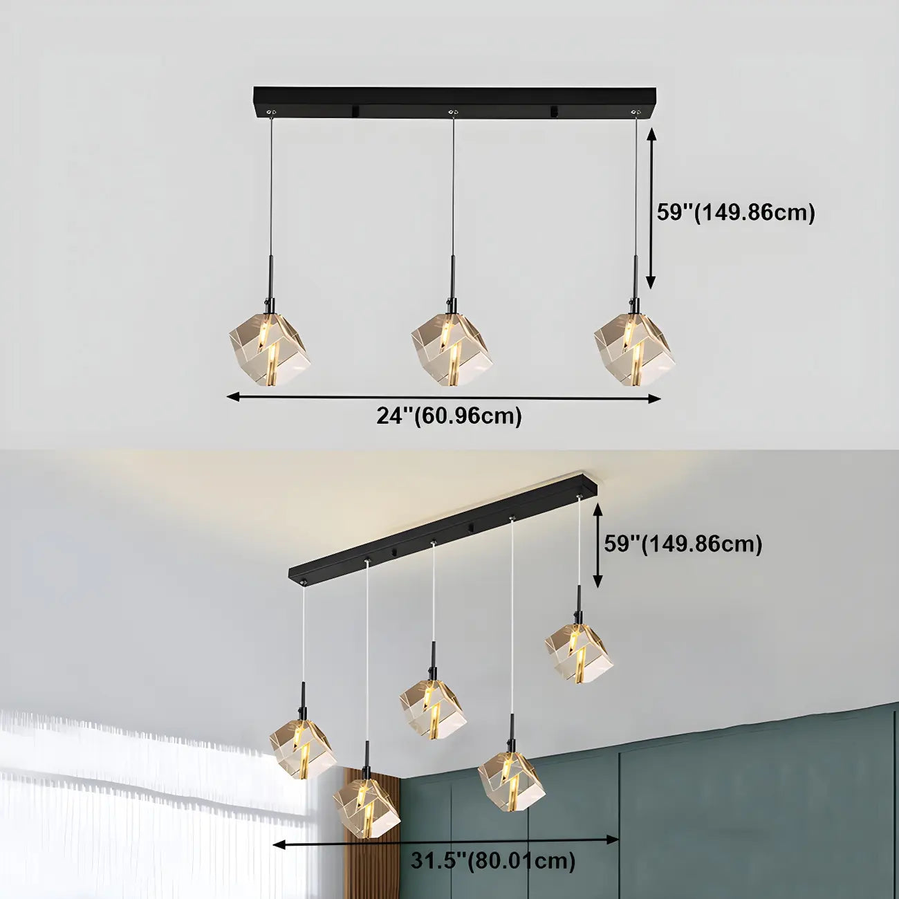 Suspension moderne en forme de cube de cristal pour îlot de cuisine