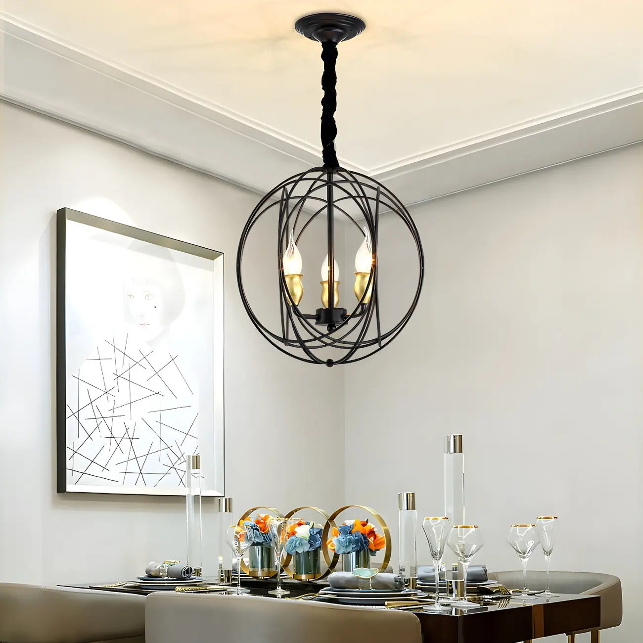 Lustre moderne sphérique en métal noir