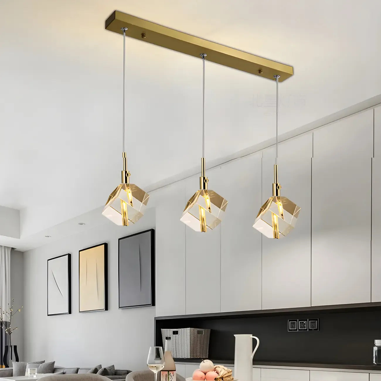 Suspension moderne en forme de cube de cristal pour îlot de cuisine