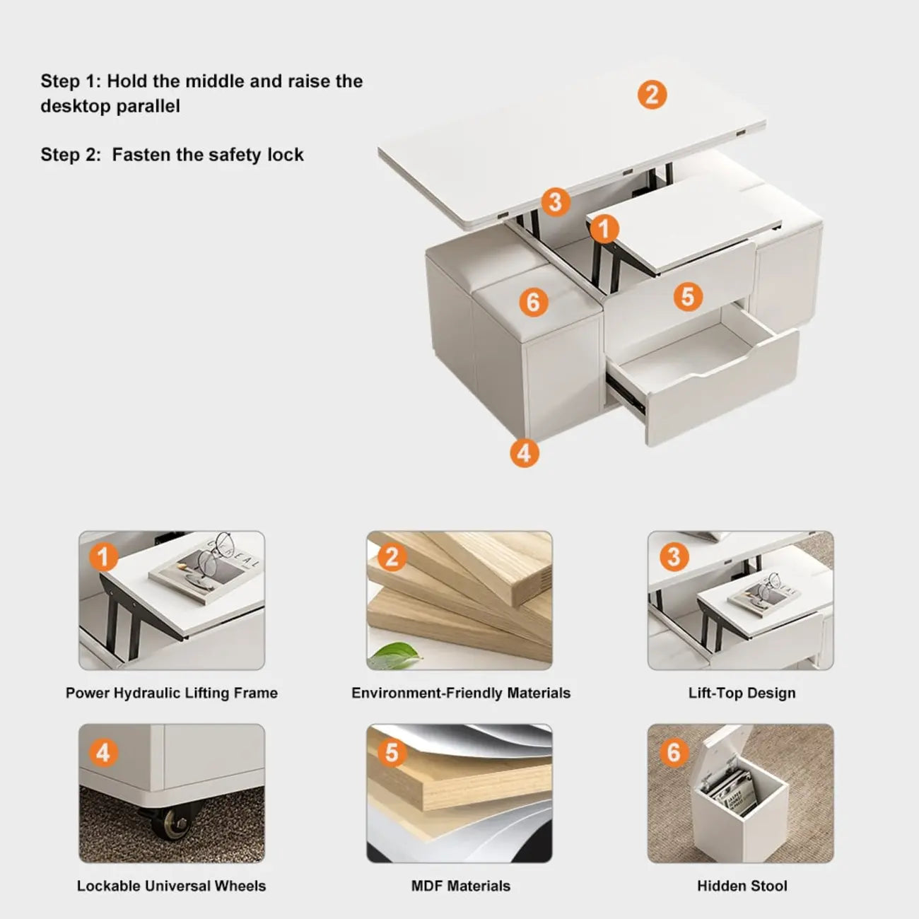Table basse pliable à plateau relevable avec 4 tabourets et rangement