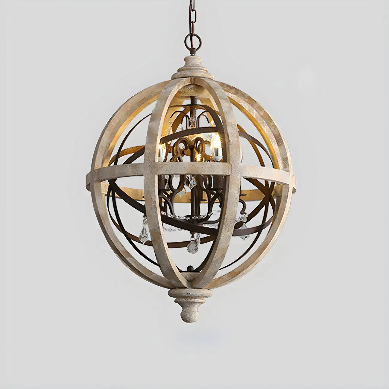 Candélabre rustique en bois à 3 lumières avec décoration en cristal